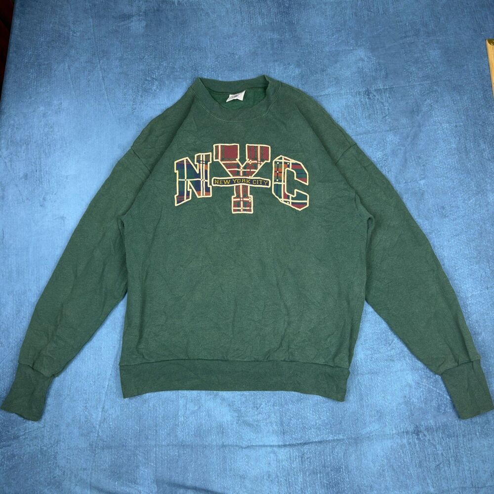 Y2K NYC Plaid Sweatshirt Mens L Green New York City